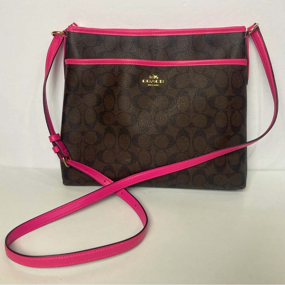 Coach F23866 Signature File Bag Dark Brown Khaki/Brown & Bright Fuchsia Pink